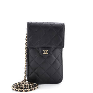 Chanel Button on Top Flap Wallet on Chain Quilted Shiny Lambskin